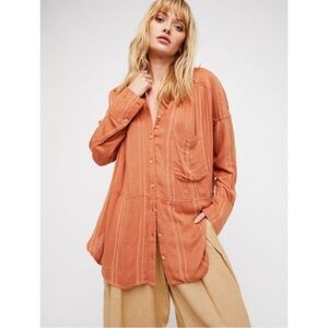 Free People Cozy Nights Button Down Oversized Shirt Medium Boho Coastal Hippie
